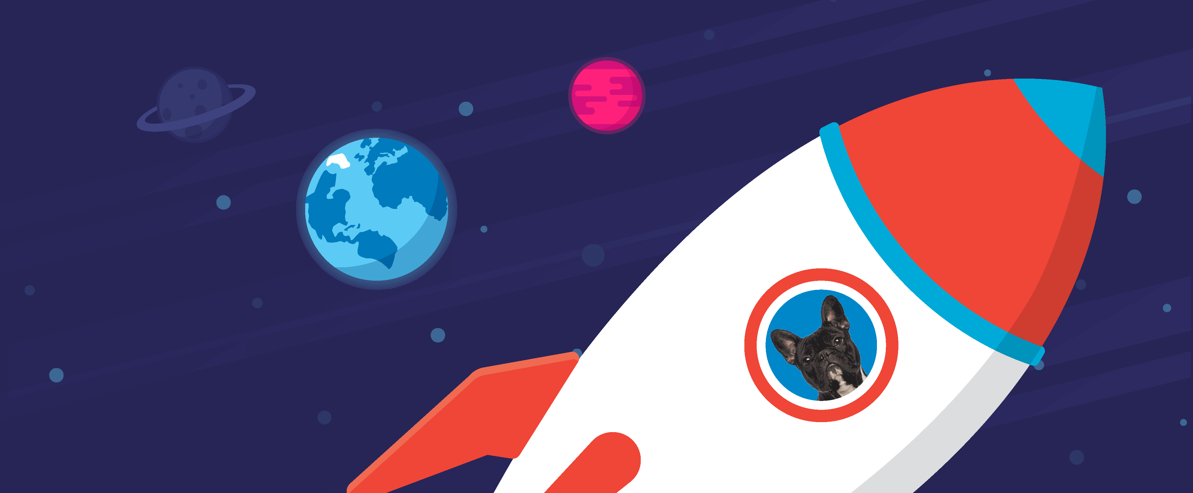imagem do espaço com um foguete e um bulldog francês