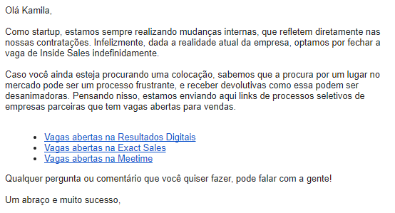 email da kamila para quem foi reprovado no processo seletivo