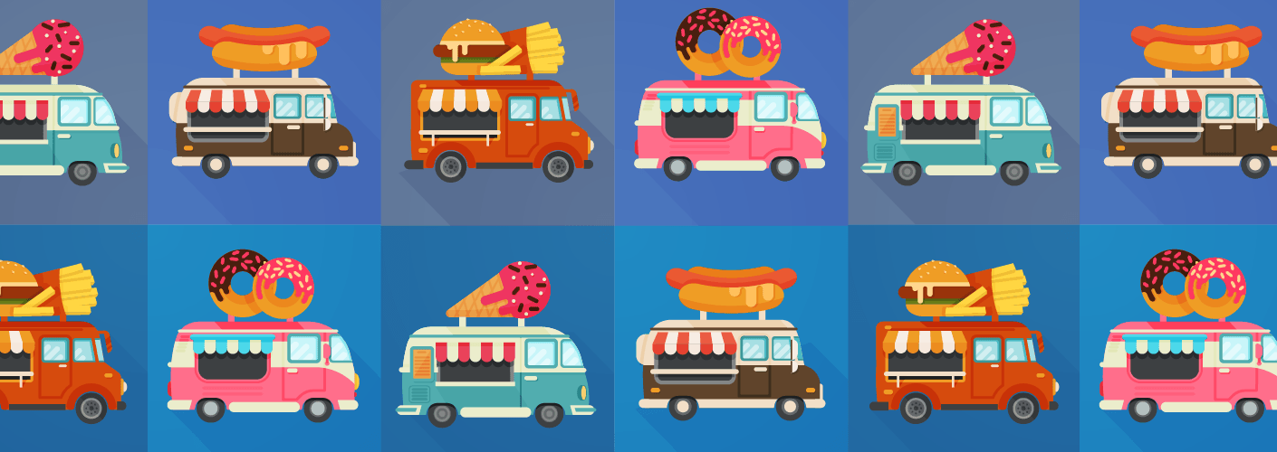 imagem representando diversos tipos de food trucks em eventos