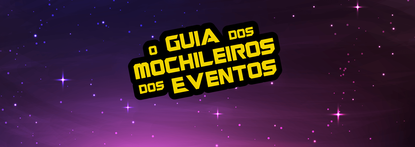 imagem com um lettering escrito o guia dos mochileiros dos eventos com um fundo de espaço