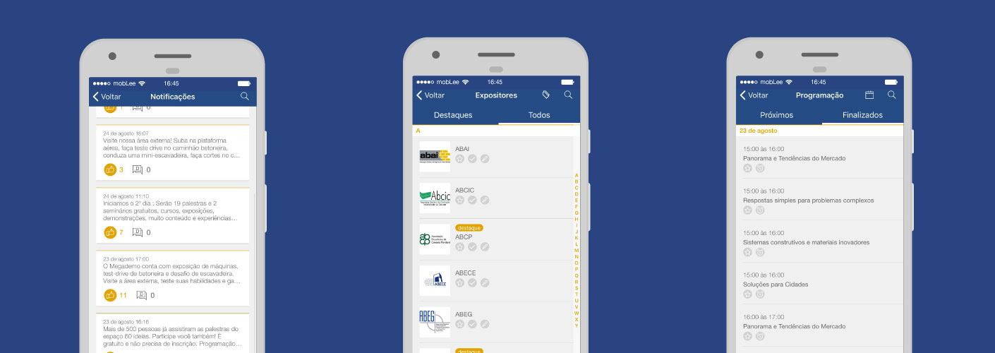 imagem representando três telas do aplicativo da mobLee utilizado no evento da Concret Show