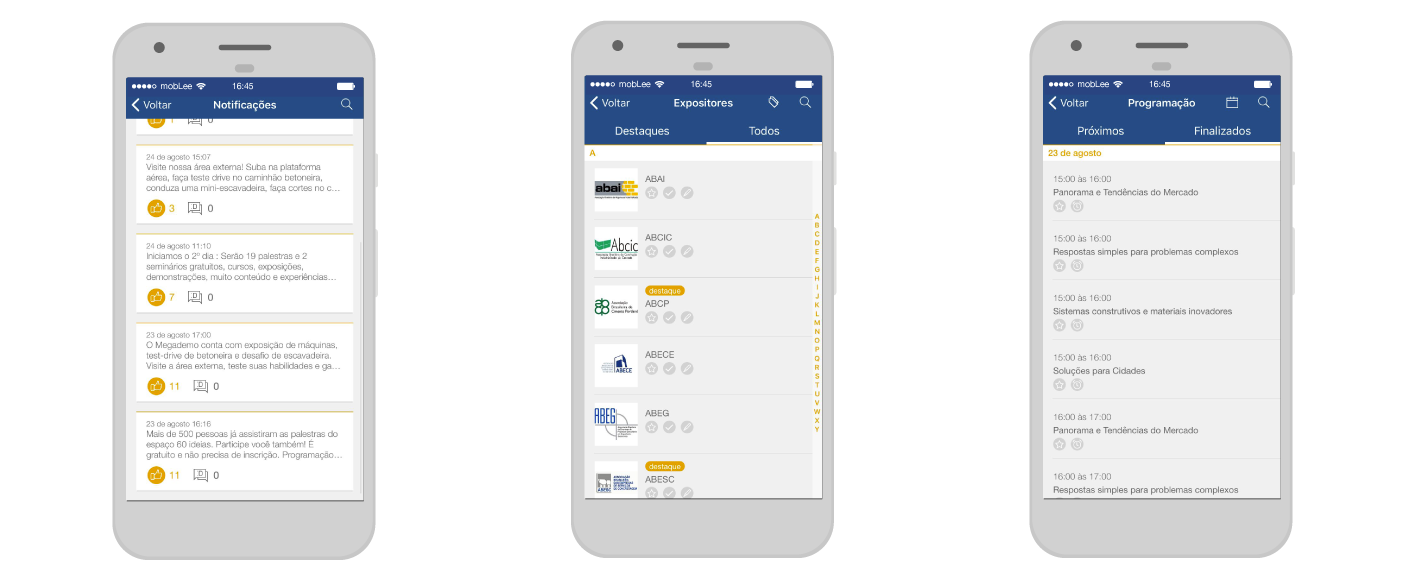 imagem representando três telas do aplicativo da mobLee utilizado no Concret Show