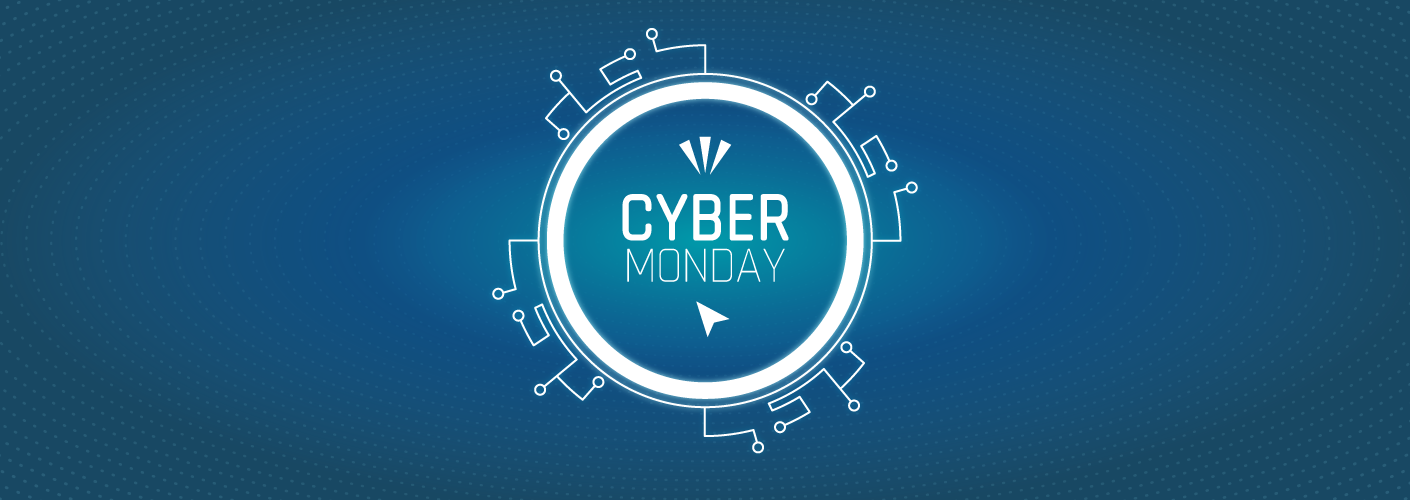 imagem com simbolos de tecnologia e a palavra cyber monday