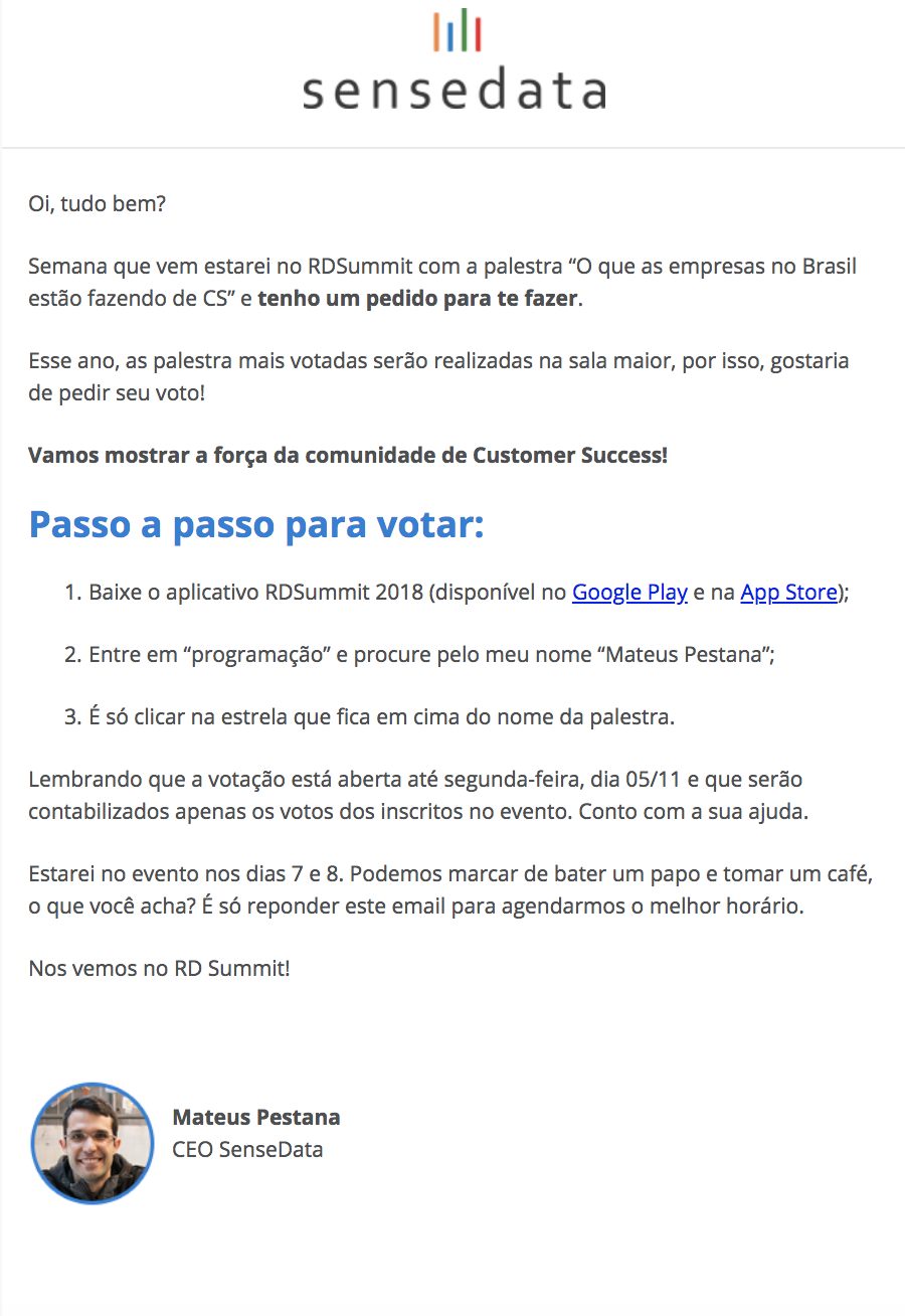 e-mail da sensedata do mateus pestana para os participantes do rd summit