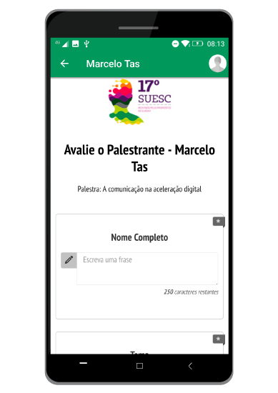 Exemplo de formulário de avaliação no app do evento SUESC 2019