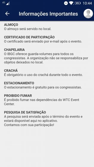 Área de informações do app do congresso IBGC