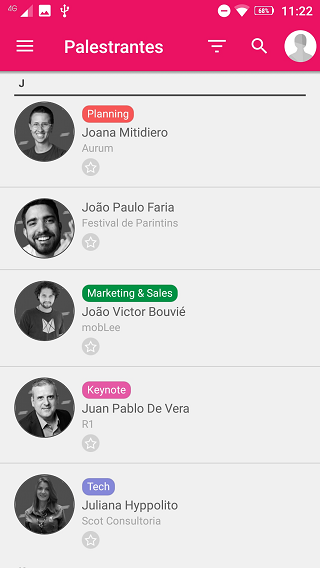 Área de palestrantes no app Inception 2019