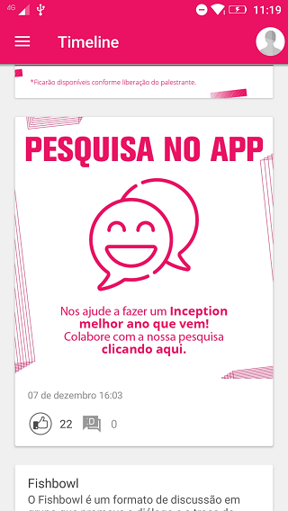 Pesquisa de satisfação no app Inception 2019