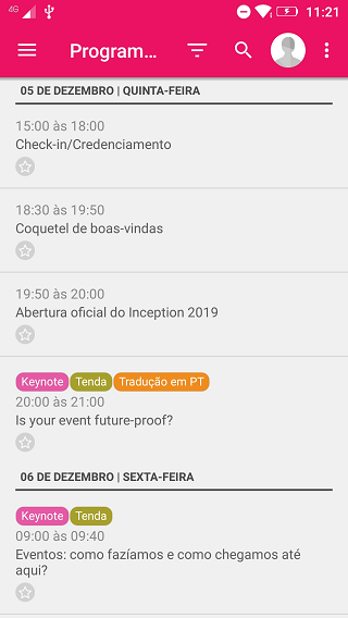 Programação no app Inception 2019